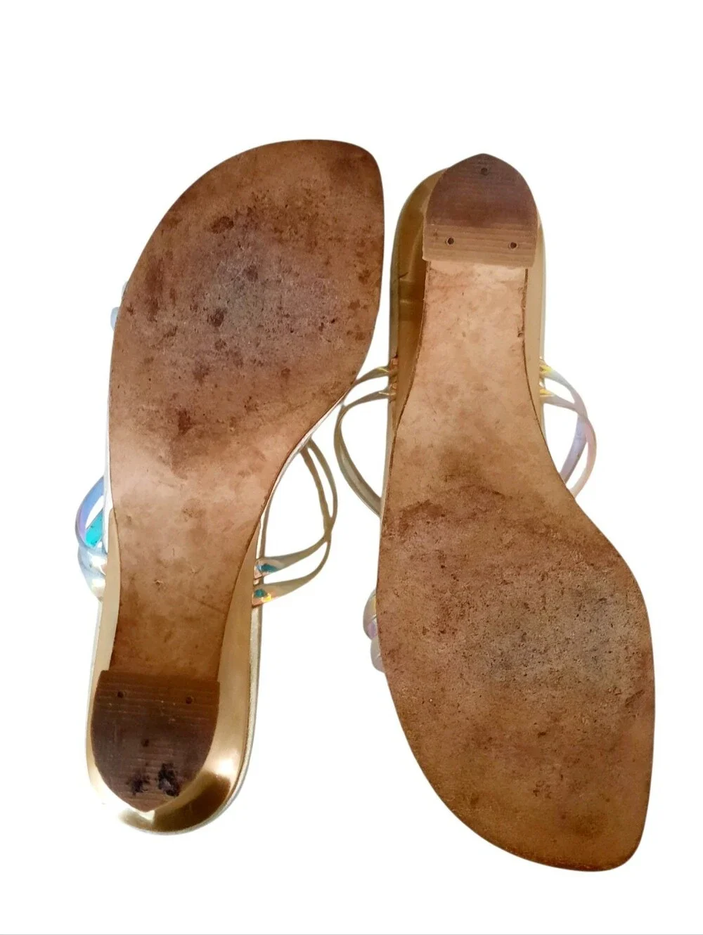 STUART WEITZMAN Y2K Iridescent PVC Strappy Slide Sandals w/Gold Low Wedge 8.5M